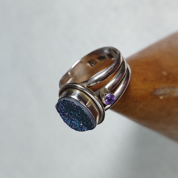 Peacock Druzy Quartz w/Amethyst Sterling Silver Ring - Picture 6 of 12